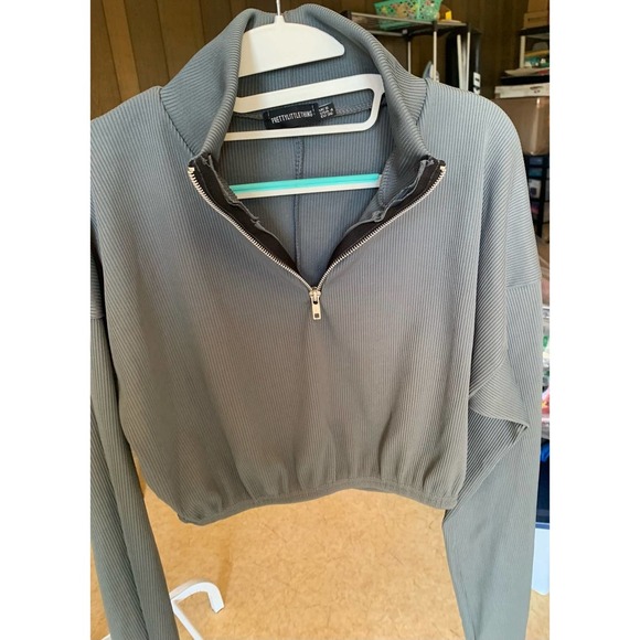 PRETTY LITTLE THING GREY RIB ZIP FRONT LONG SLEEVE SWEATSHIRT SIZE 4 - Picture 6 of 8
